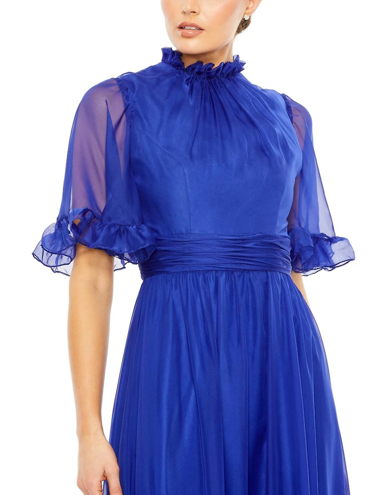 Women's Ruffled High Neck Flutter Sleeve Low Hem Gown