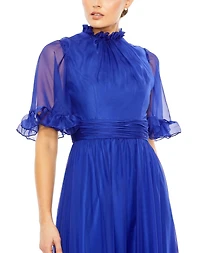 Women's Ruffled High Neck Flutter Sleeve Low Hem Gown