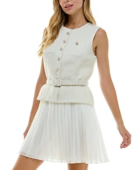 City Studios Juniors' Round-Neck Mixed-Media Belted Dress