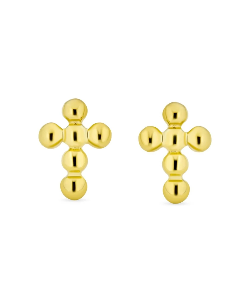 Bling Jewelry Tiny Minimalist Religious Christian Mini Ball Bubble Cross Stud Earrings 14K Yellow Gold Safety Screw back