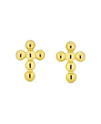 Bling Jewelry Tiny Minimalist Religious Christian Mini Ball Bubble Cross Stud Earrings 14K Yellow Gold Safety Screw back