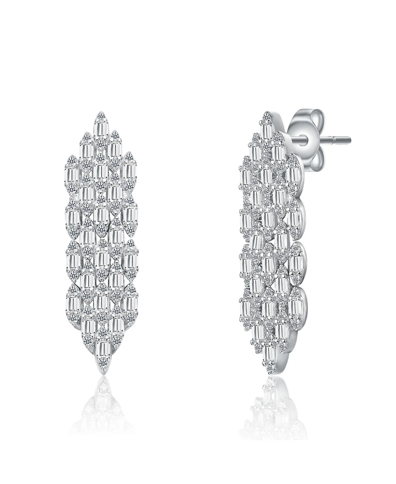 Sterling Silver White Gold Plated with Clear Cubic Zirconia Waterfall Cluster Dangle Earrings