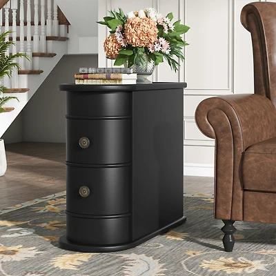 Tribesigns End Table with 2 Drawers, Black Sofa Side Storage, No Assembly Required, Closed Back, Slim Nightstand Vintage Wood Chairside Bed