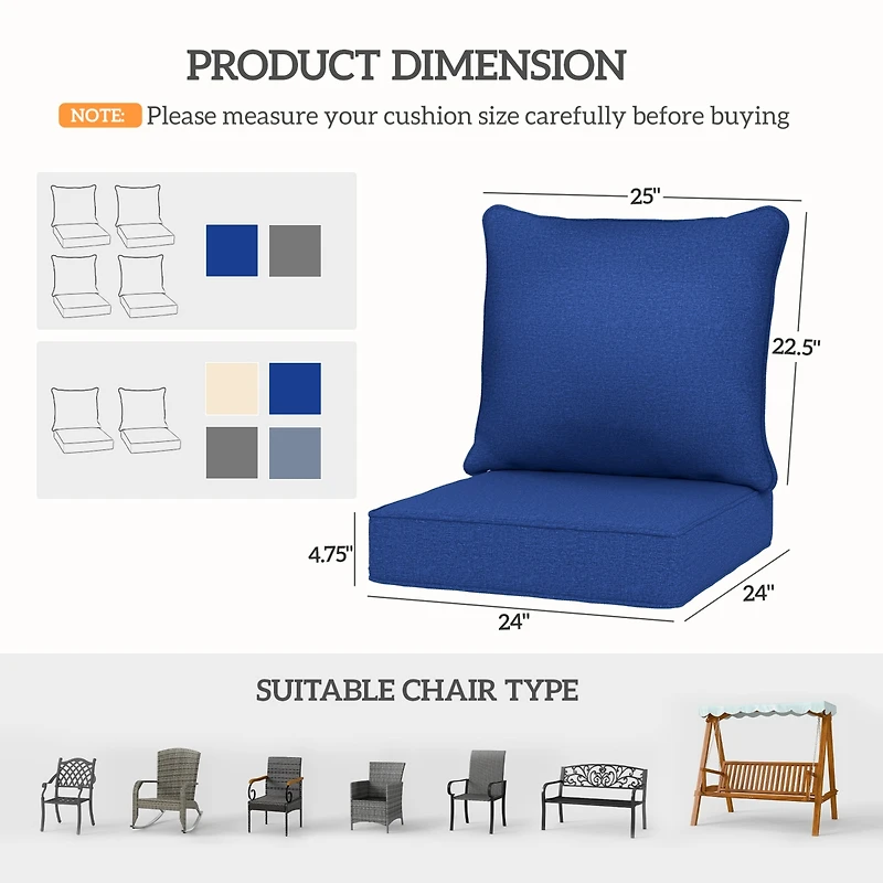 Outsunny 4 Outdoor Chair Cushions with Seat & Backrest, 24" x 24",