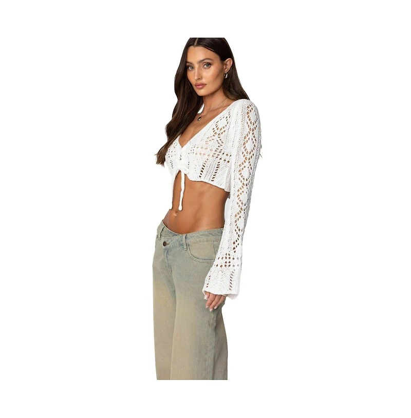Edikted Womens Tie Front Crochet Crop Top