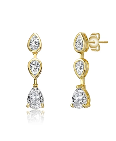 Sterling Silver 14k Gold Plated Cubic Zirconia Three-Stone Pear Drop Earrings