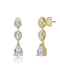 Sterling Silver 14k Gold Plated Cubic Zirconia Three-Stone Pear Drop Earrings