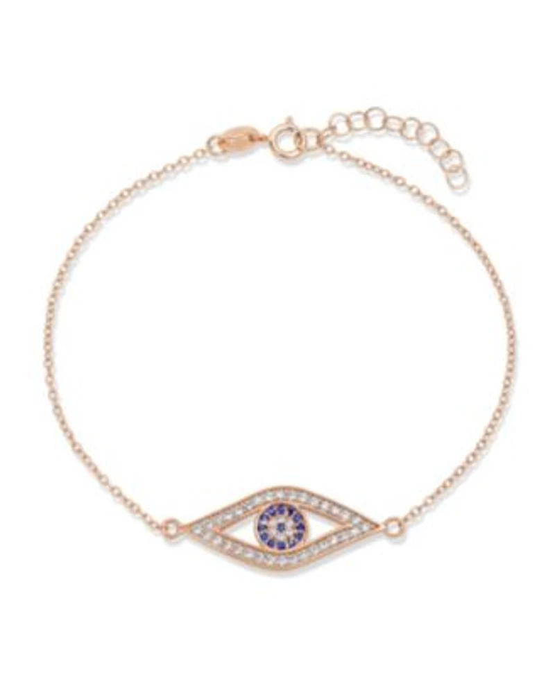 Bling Jewelry Delicate Minimalist Protection Amulet Cubic Zirconia Pave Cz Navy Blue Evil Eye Charm Bracelet Rose Gold Plated .925 Sterling Silver