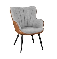 Yaheetech Modern Pleated Curved Back Boucle Fabric and Faux Leather Accent Chair Upholstered Armchair, Grey/ Retro Brown