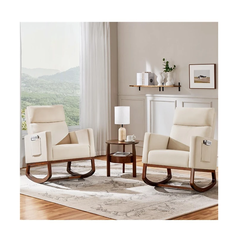 Yaheetech Fabric Upholstered High Back Rocking Chair with Solid Wood Legs, Side Pockets