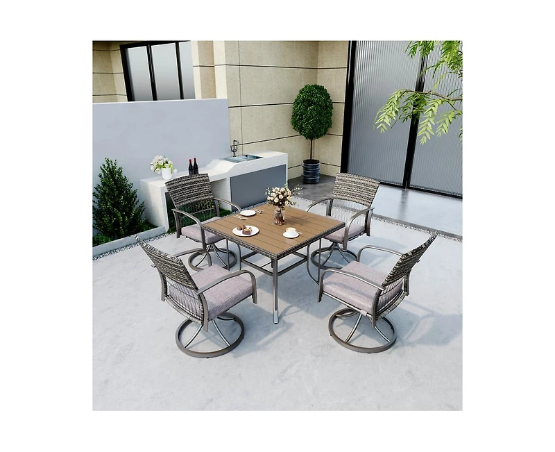 Pamapic 5-Piece Patio Outdoor Dining Set with Square Table and Rattan Swivel Chairs Green Cushion