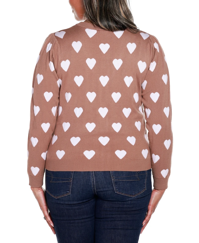 Belldini Plus Size Hearts Jacquard Cardigan Sweater