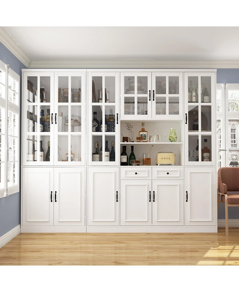 White Wooden Bookcase, Sideboard with 19-Tier Shelves and 2 Drawers
