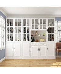 White Wooden Bookcase, Sideboard with 19-Tier Shelves and 2 Drawers