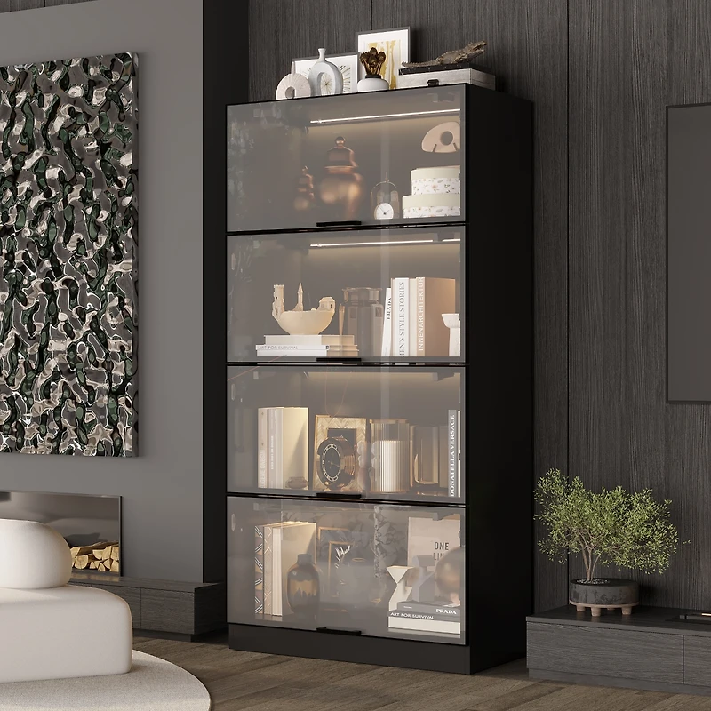 Famapy White Wood 4-Shelf Bookcase with Doors and 3-Color Led Lights