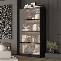 Famapy White Wood 4-Shelf Bookcase with Doors and 3-Color Led Lights