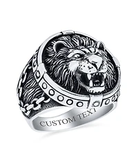 Bling Jewelry Big Statement Masculine King Of Jungle Round Viking Signet Roaring Lion Ring For Men Solid Oxidized .925 Sterling Silver