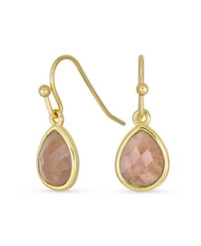 Bling Jewelry Delicate Fine Dusty Rose Natural Sandstone Quartz Faceted Briolette Teardrop Pear Shaped Drop French Wire Fish Hook Earrings Yellow Gold Plated