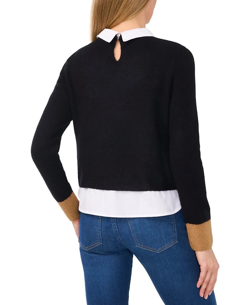 CeCe Women's Two-Fer Collared Pocket Detail Sweater