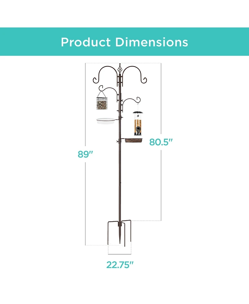 Best Choice Products 91in 4-Hook Bird Feeding Station, Steel Multi-Feeder Stand w/ 2 Feeders, Tray, Bird Bath