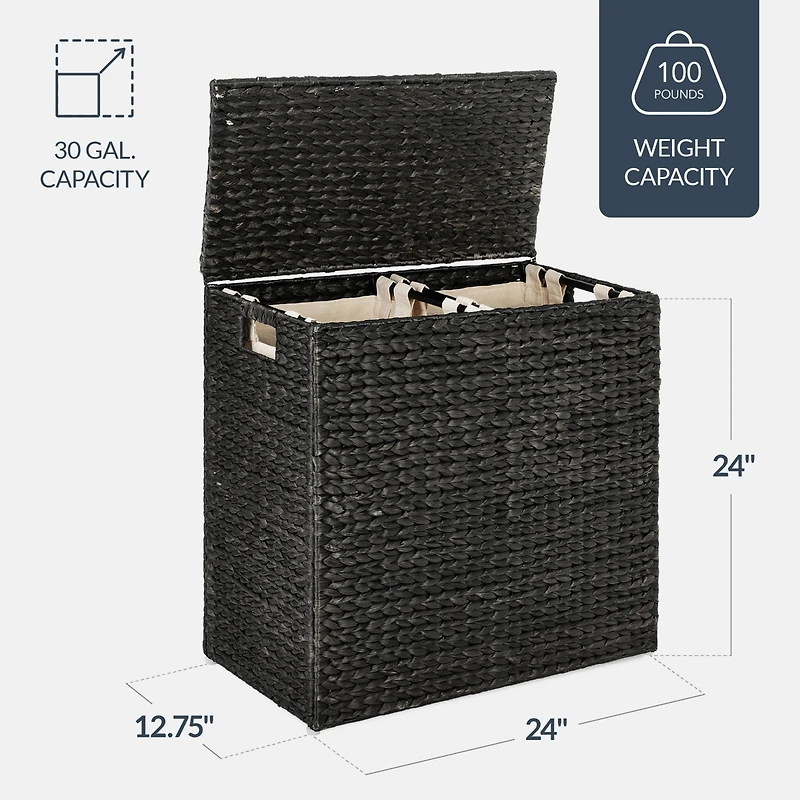 Best Choice Products Large Natural Water Hyacinth Double Laundry Hamper Basket w/ 2 Liner Bags, Handles