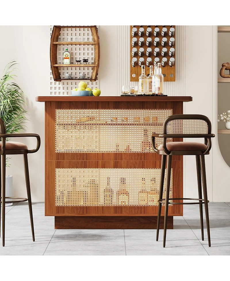 Tribesigns Rattan Home Bar Unit, Farmhouse 4-Tier Bar Table with 4 Stemware Racks and Heightened Base, Caramel Brown