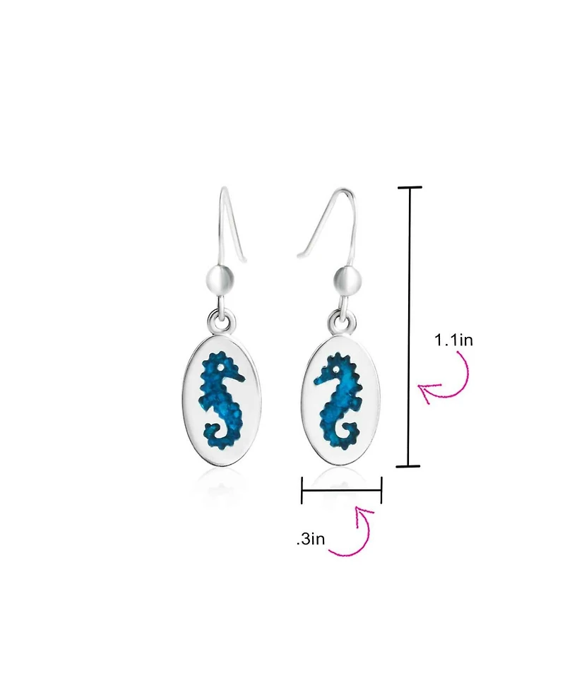 Bling Jewelry Sea Animal Nautical Beach Vacation Inlay Enamel Blue Oval Seahorse Dangling Earrings .925 Sterling Silver Fish Hook