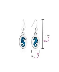 Bling Jewelry Sea Animal Nautical Beach Vacation Inlay Enamel Blue Oval Seahorse Dangling Earrings .925 Sterling Silver Fish Hook
