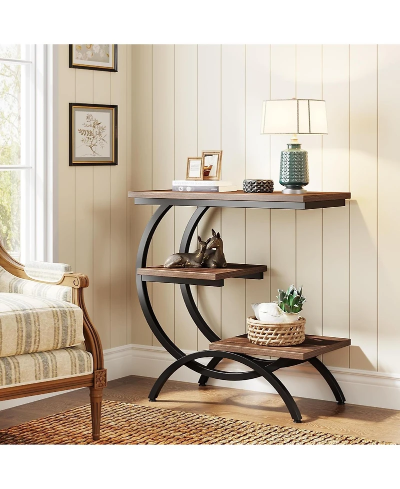Tribesigns C-shaped End Table, Industrial 3-tier Small Side Table for Couch, Wood Bedside Table Snack Side Table Small Space, Rustic Brown