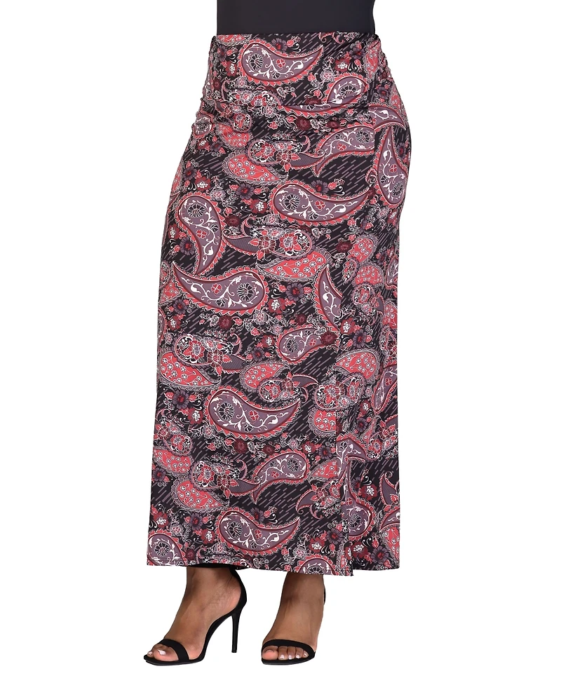 24seven Comfort Apparel Plus Fold Over Waist Printed Maxi Skirt