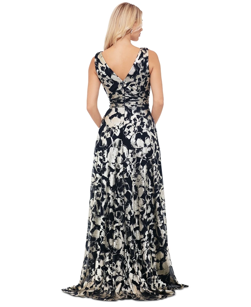 Betsy & Adam Petite Metallic Floral-Print Evening Gown