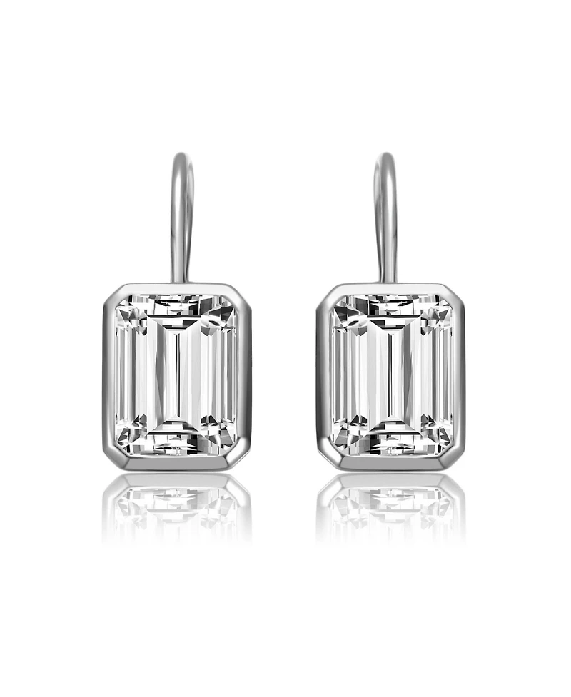 Sterling Silver Cubic Zirconia Baguette Drop Wire Back Earrings in White Gold Plated or 14k Gold Plated