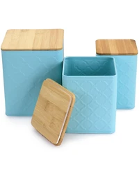 MegaChef 3 Piece Square Iron Kitchen Canister Set with Bamboo Lids in Turquoise