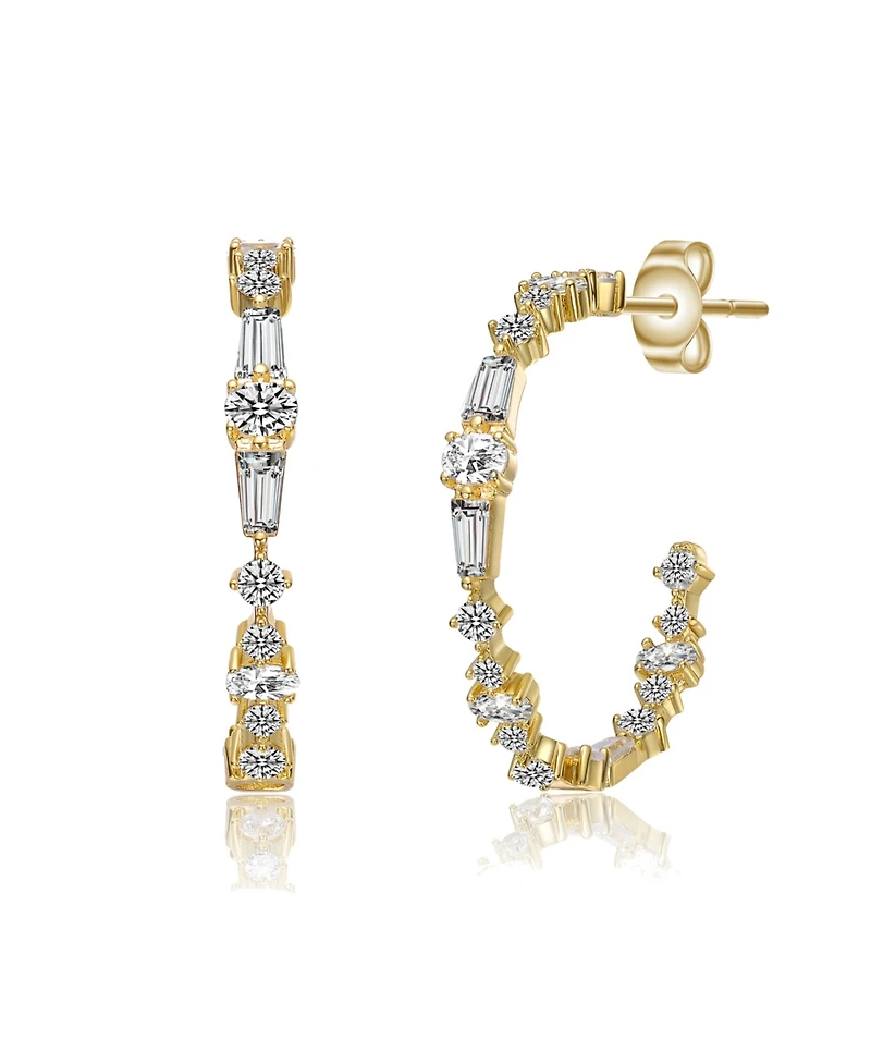 Sterling Silver Cubic Zirconia C-Hoop Earrings White Gold Plated or 14K