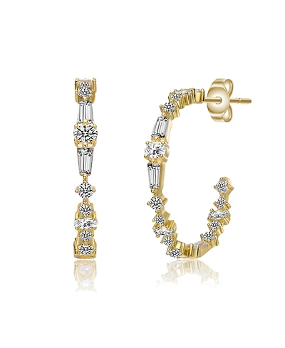 Sterling Silver Cubic Zirconia C-Hoop Earrings White Gold Plated or 14K