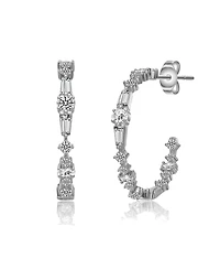 Sterling Silver Cubic Zirconia C-Hoop Earrings in White Gold Plated or 14K Gold Plated