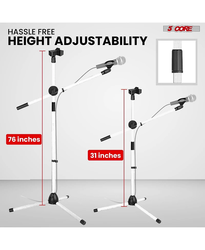 5 Core Mic Stand 4 Pcs Collapsible Height Adjustable 31 to 59” Dual Metal Microphone Tripod Stand w Boom Arm Stand Para Microfono for Singing