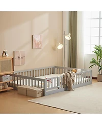 Slickblue Grey Painted Pine Full Fence Bed with Door and Board for Kids