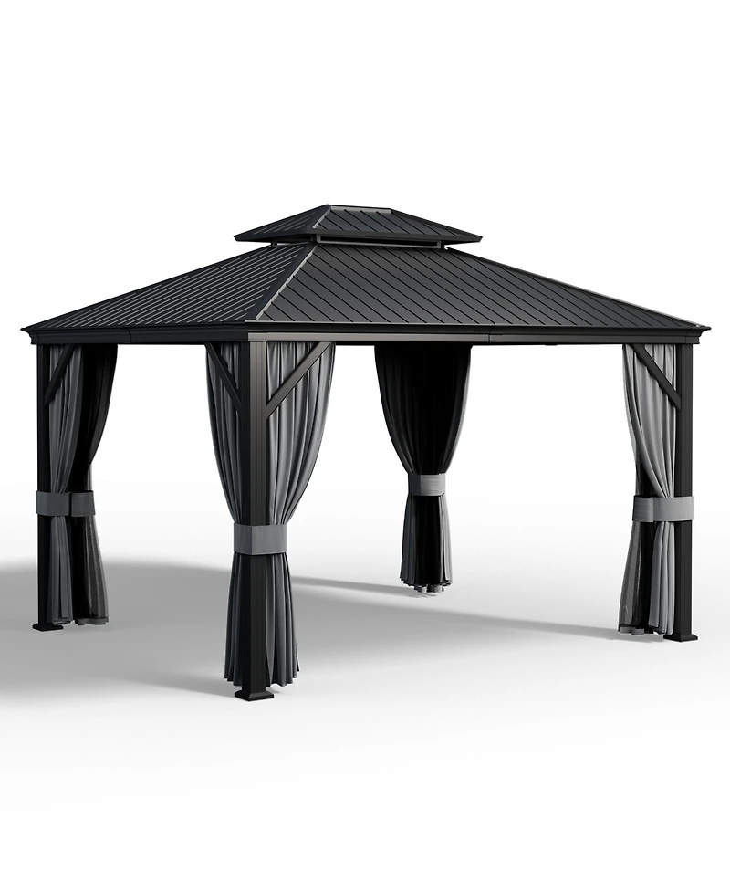 Pamapic 12 ft. x 14 ft. Metal Hardtop Gazebo with Curtains