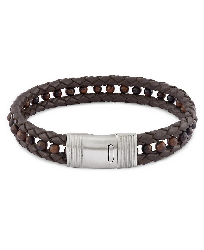 Rhona Sutton Brown Leather with Tigers Eye Beads Stainless Steel Bracelet