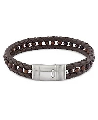 Rhona Sutton Brown Leather with Tigers Eye Beads Stainless Steel Bracelet