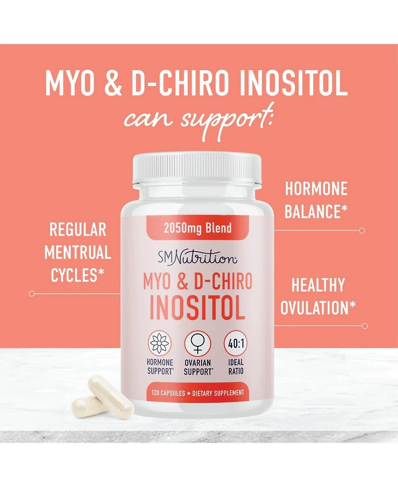 Myo-Inositol & D-Chiro Inositol for Women's Hormone Balance, Ideal 40:1 Ratio, Menstrual Cycle & Ovarian Health Support Supplement, SMNutrition, 120ct