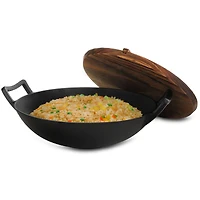 MegaChef 2 Piece 14 Inch Heavy Duty Cast Iron Wok with Wood Lid