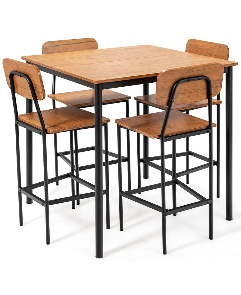 5-Piece Industrial Dining Table Set with Counter Height and 4 Bar Stools-Walnut