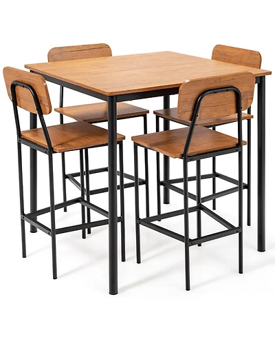 5-Piece Industrial Dining Table Set with Counter Height and 4 Bar Stools-Walnut