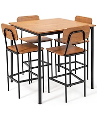 5-Piece Industrial Dining Table Set with Counter Height and 4 Bar Stools-Walnut