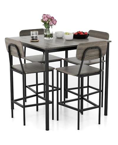 5-Piece Industrial Dining Table Set with Counter Height and 4 Bar Stools-Walnut