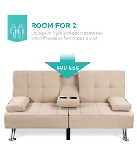 Best Choice Products Modern Linen Convertible Futon Sofa Bed w/ Removable Armrests, Metal Legs, Cupholders