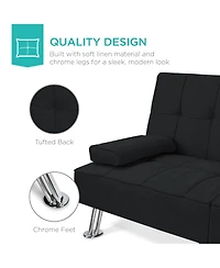 Best Choice Products Modern Linen Convertible Futon Sofa Bed w/ Removable Armrests, Metal Legs, Cupholders