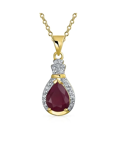 Bling Jewelry 3.5CT Teardrop Created Synthetic Ruby Zircon Halo Pendant Necklace Gold Plated Sterling Silver